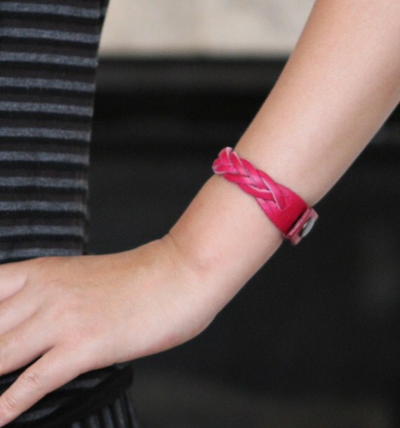 Braided leather bracelet cuff with metal snap by TrueHeartStyle