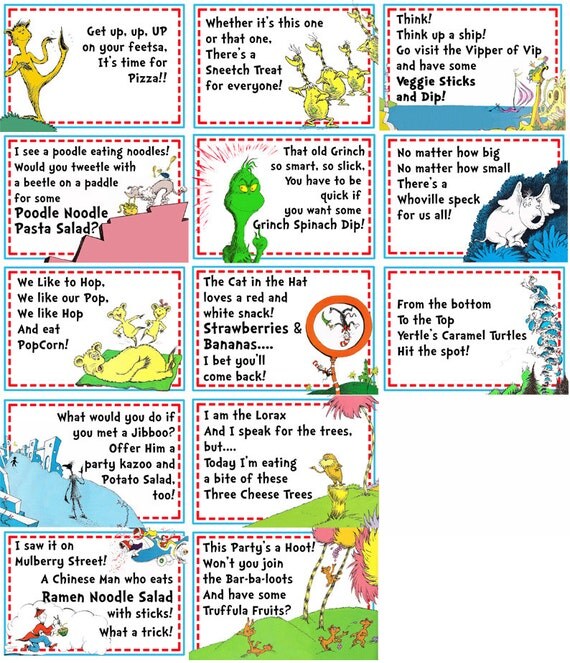 12 Dr Seuss Party Food Labels- Listing for 12 Labels