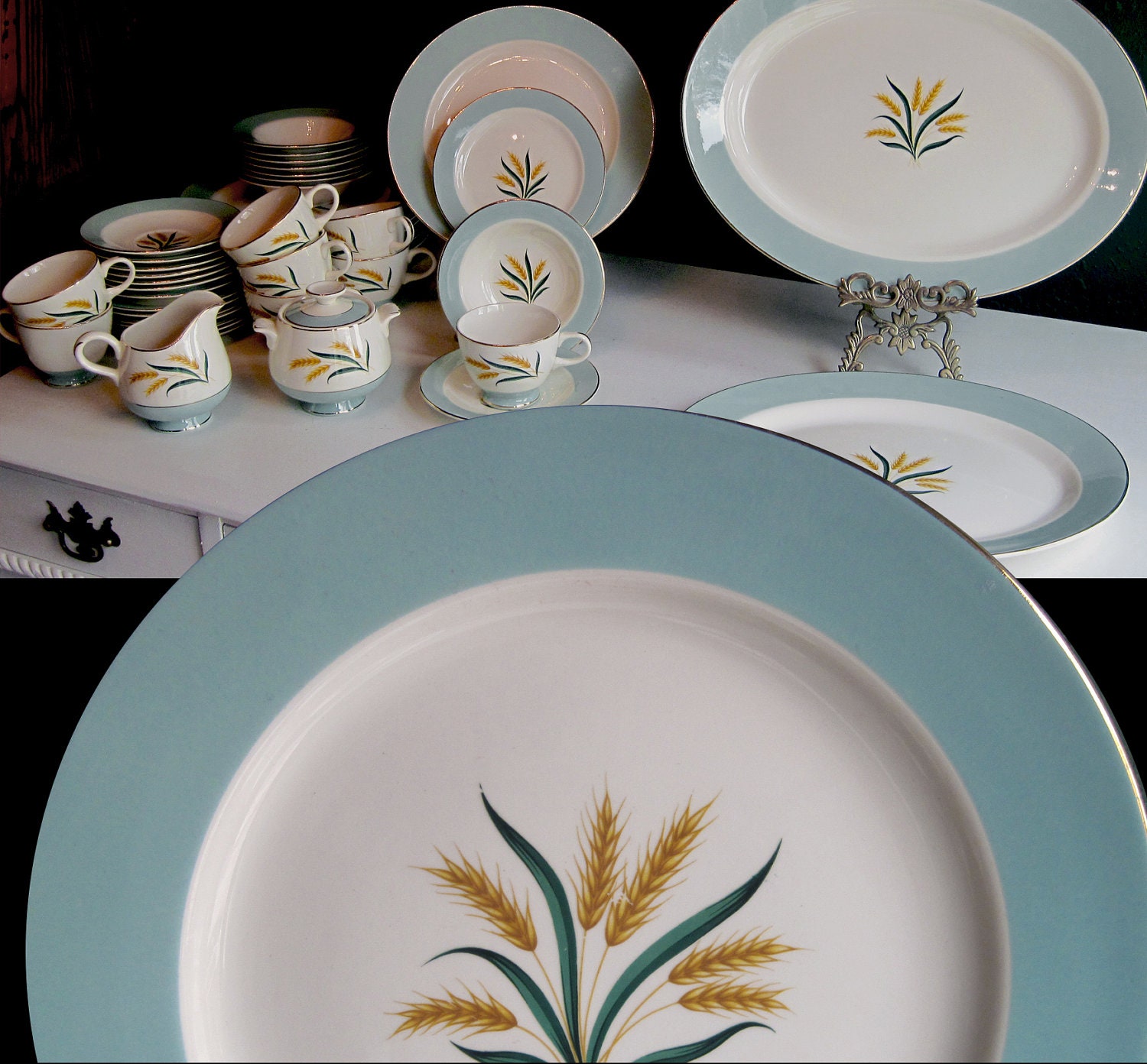 Wedding China Dinnerware Set Viking Wheat Turquoise 44