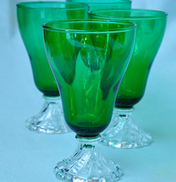 Vintage Wine Glasses Forest Green with Crystal Swirl Base