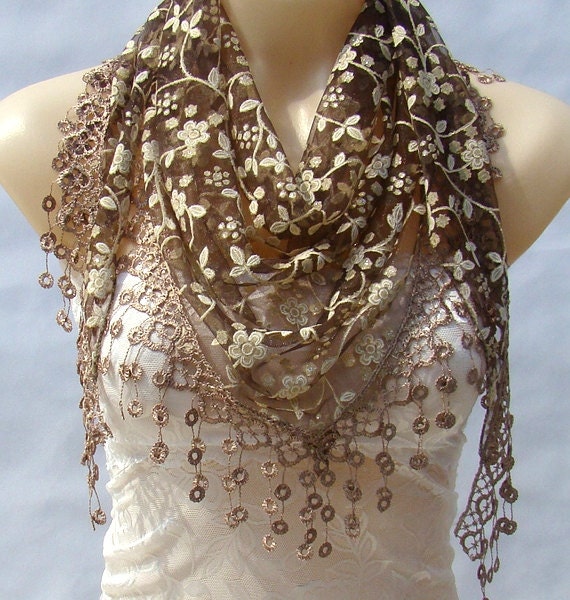 Items similar to Popular fashion lace scarf, Brown Lace triangle scarf