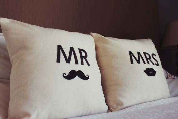 Mr and Mrs - Moustache and Lips Throw Pillow Cushion Cover - Perfect Wedding Gift For a Trendy Modern Couple