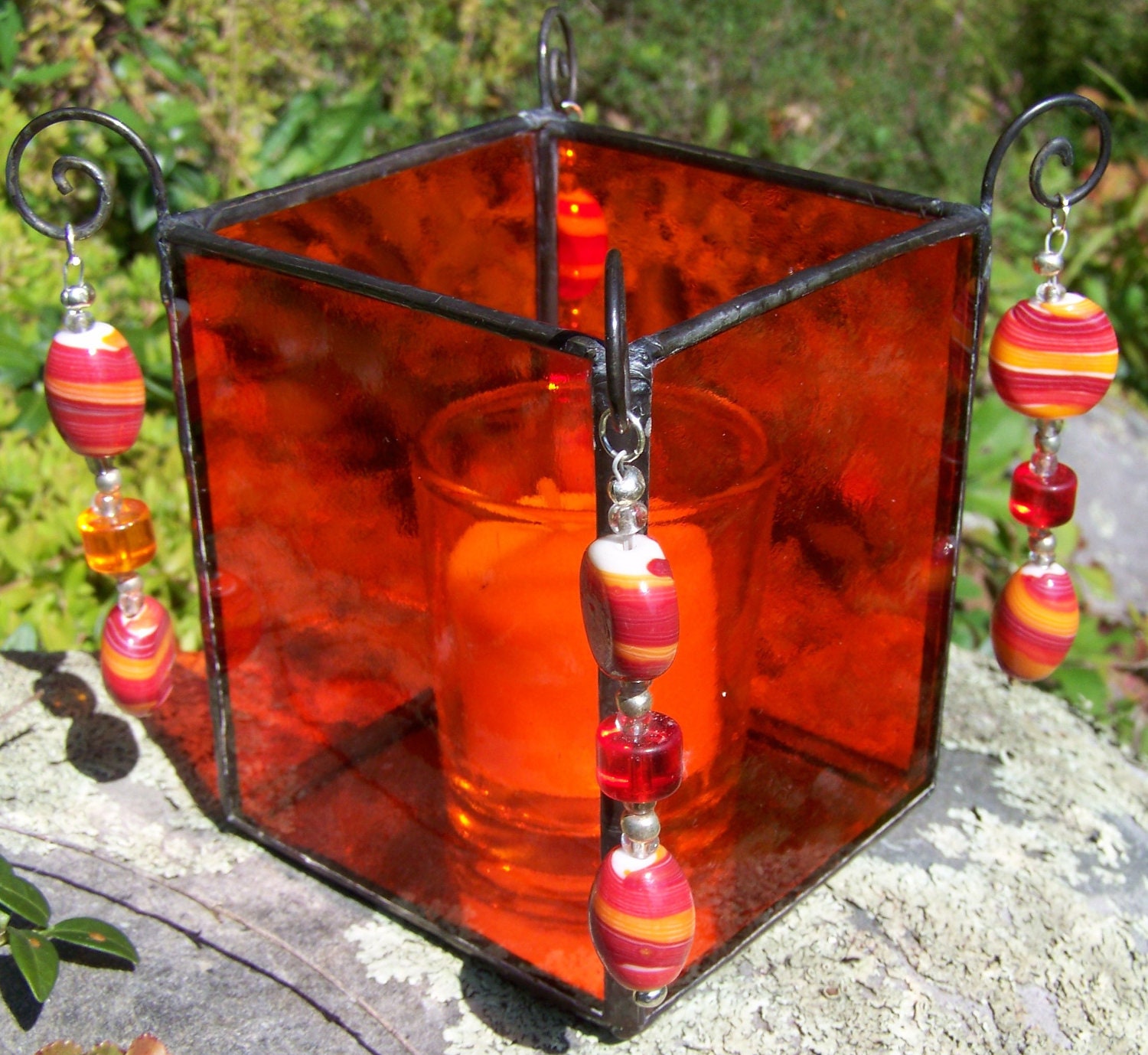 Stained Glass Candle Holder With Dangling Beads 4510