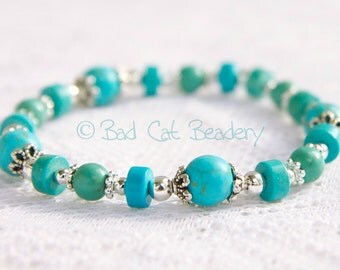 Boho Chic Turquoise Blue Green Stretch Stack Bead Bracelets with Tibetan Silver Beads