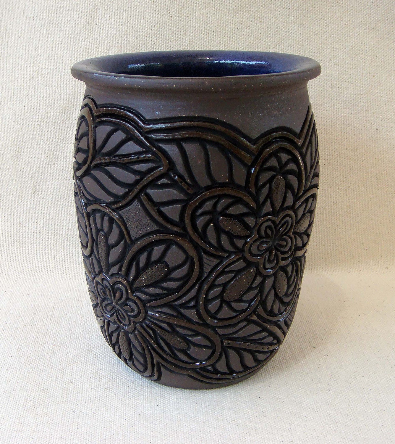 ON SALE Pottery Hand Carved Vase with Flower Desgin