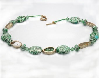 SALE!! - Interesting Green Mosaic & Wood Beads, 20" Necklace -- REDUCED!! (N127)