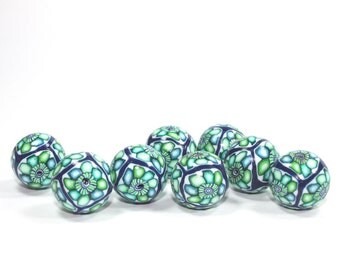 Polymer Clay round beads, elegant beads in a variety of greens, blue and white, unique pattern, Set of 8 Millefiori beads