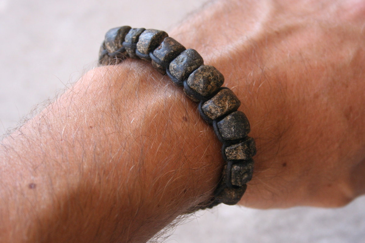 Ancient Granite Bead Macrame Bracelet Rustic Gray Black and