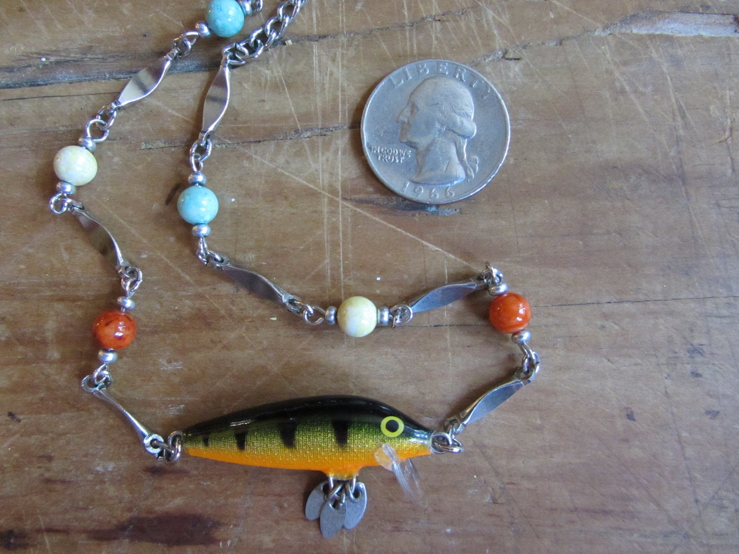 Playful Fishing Lure Necklace in Orange Yellow and Green