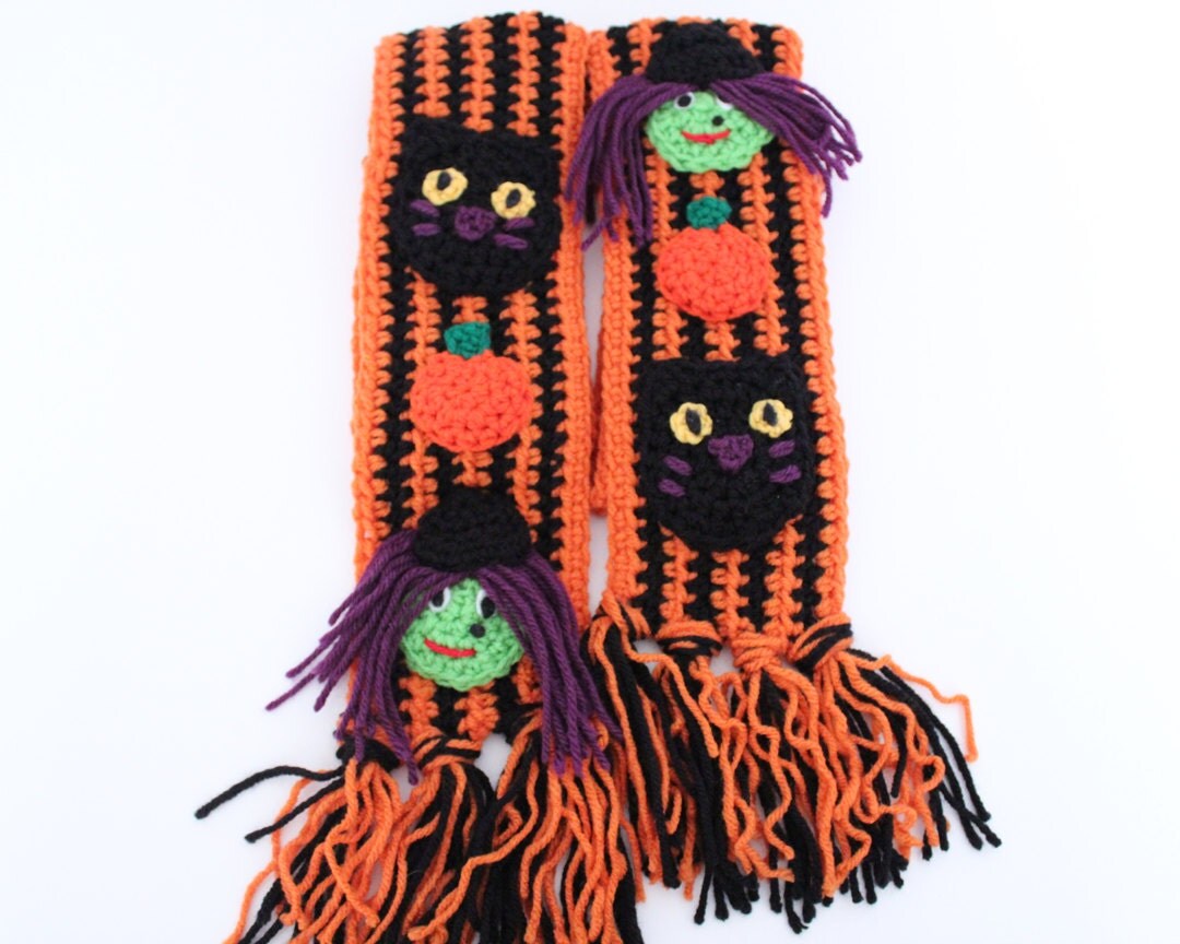 Halloween crochet scarf orange and black scarf witch and