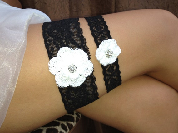 Black / White Wedding Garter -Bridal Garter and Toss Garter...White Crochet Flowers with Rhinestone details...