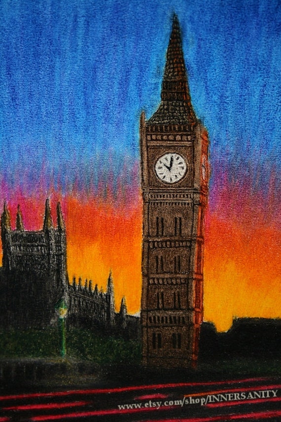 Items similar to Clock Tower Oil Pastel Art 9x12, Fine Art Print on