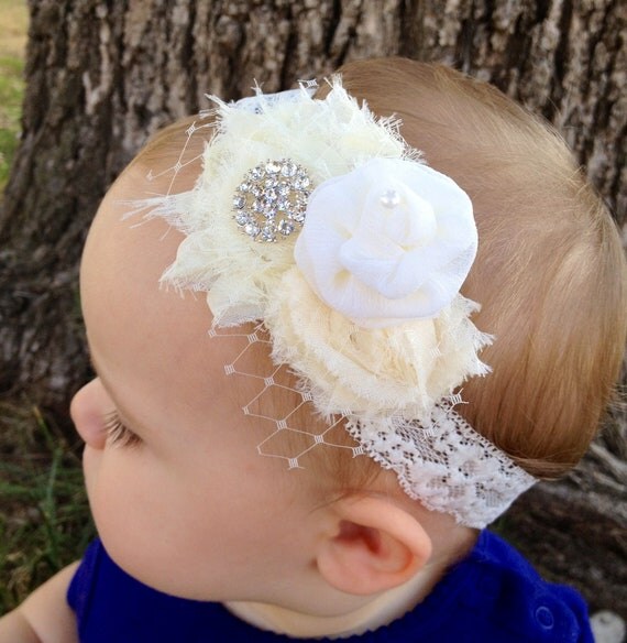 Wedding baptism christening headband Ivory by ClairebowBaby