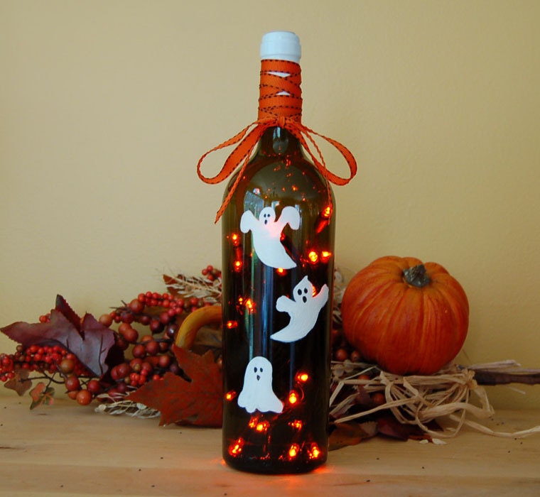 Wine bottle light Halloween decoration ghost white orange