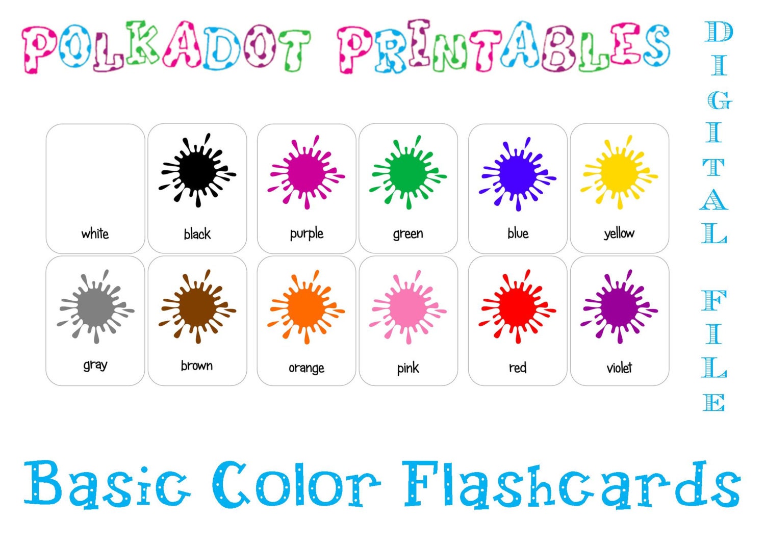 Printable Basic Color Paint Splash Flashcards Set of 12