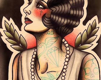 Melancholic Flapper Tattoo Art Print