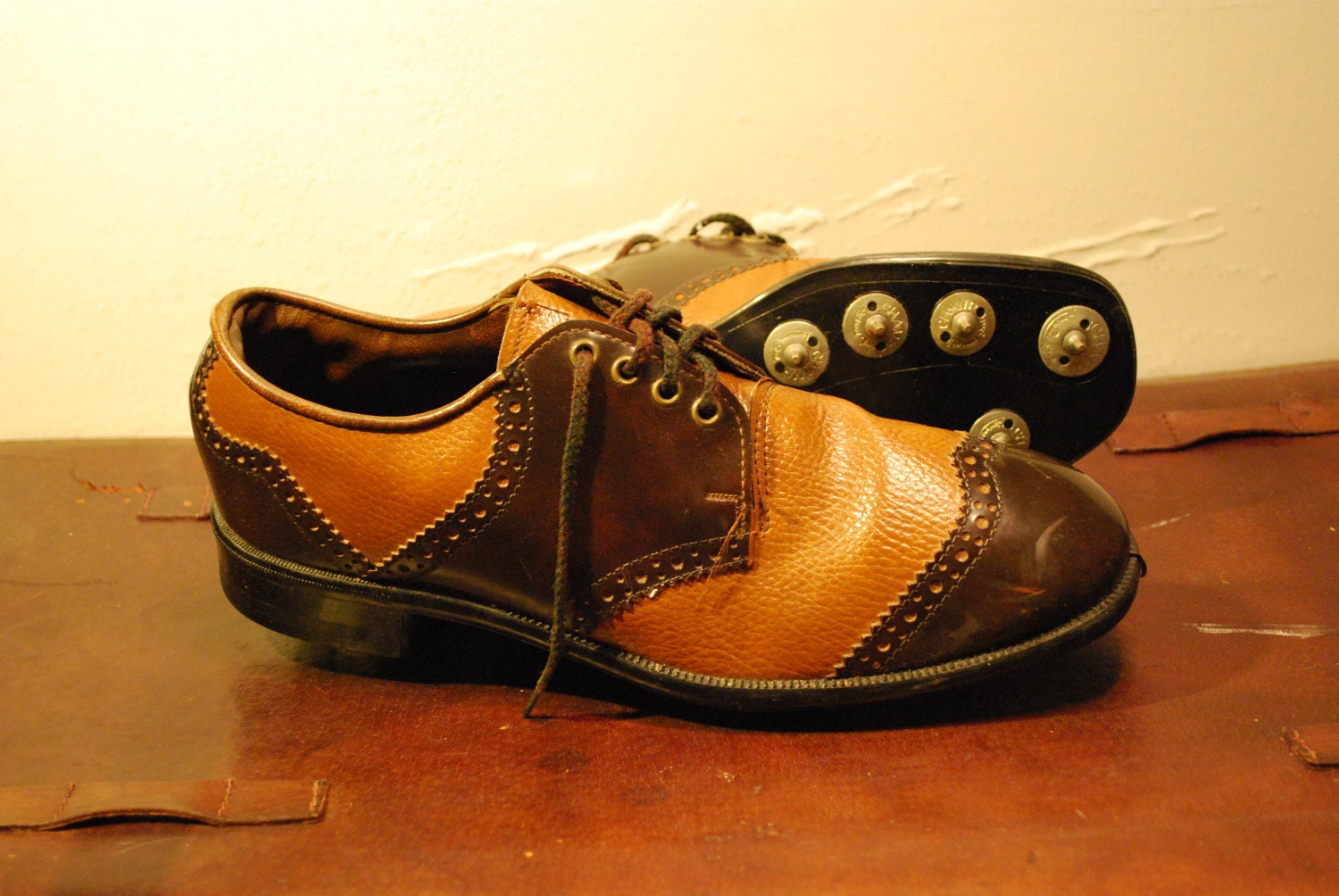 Vintage Leather Golf Shoes Cap Toe Oxford Style Two Tone