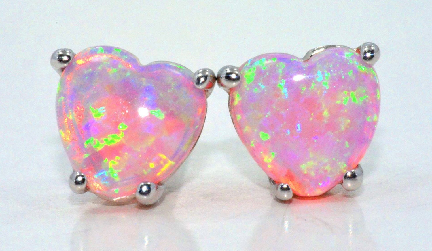 Pink Opal Heart Stud Earrings .925 Sterling Silver Rhodium