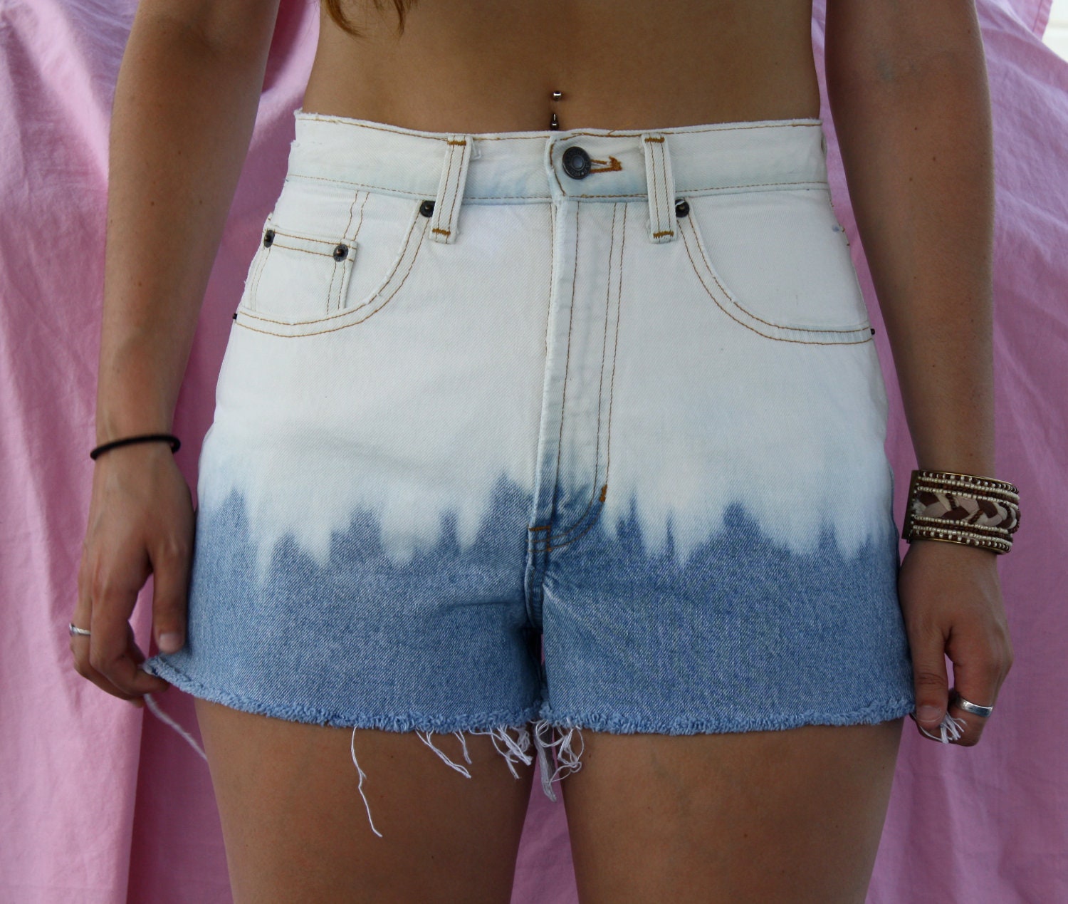 Vintage High Waisted Ombre Dip Dyed Bleached Denim Shorts 