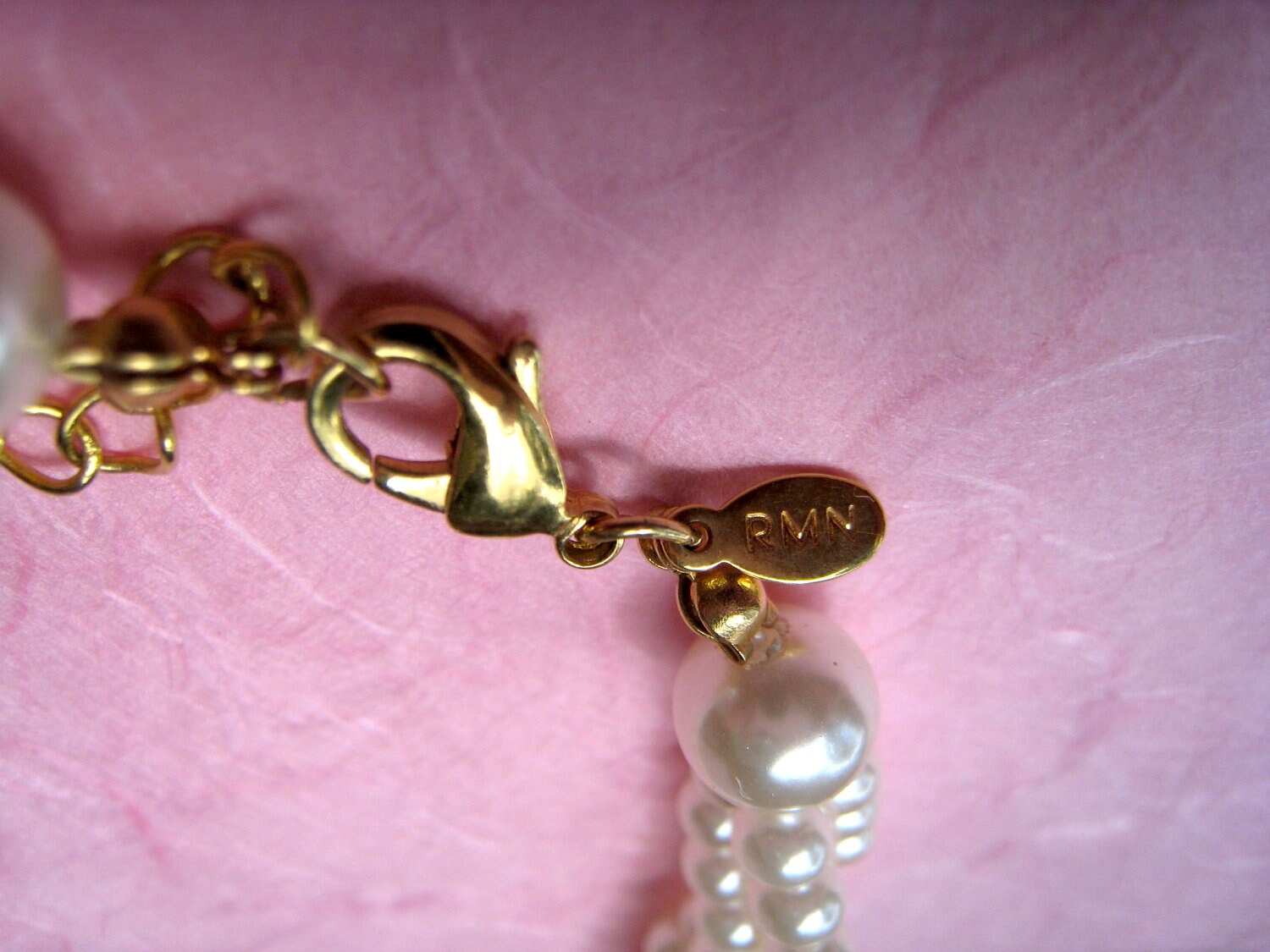 Three Strand Twisted Vintage Faux Pearl Necklace signed RMN