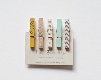 Mini Clothespin Magnets- turquoise and mustard - set of 5 - French neodymium magnet set