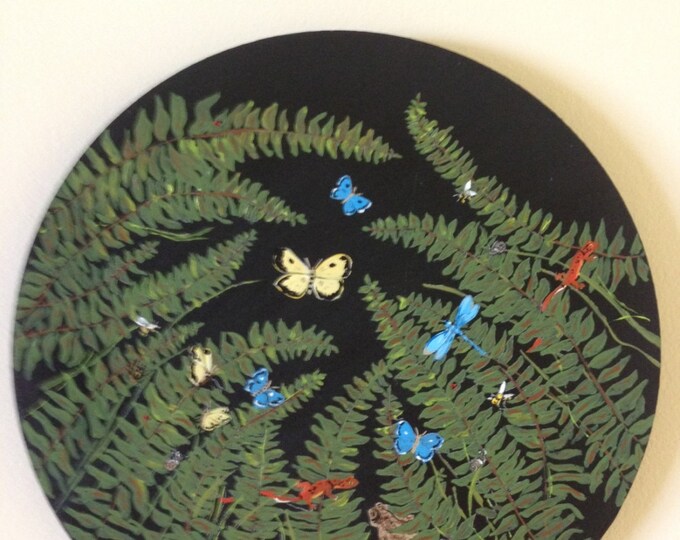 Fern Forest and Inhabitants Painted in Acrylics on a 10 inch Diameter Round Solid Wood Circle