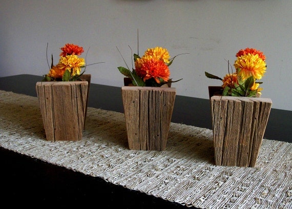 Set of 3 Rustic Barn Wood Flower Pots