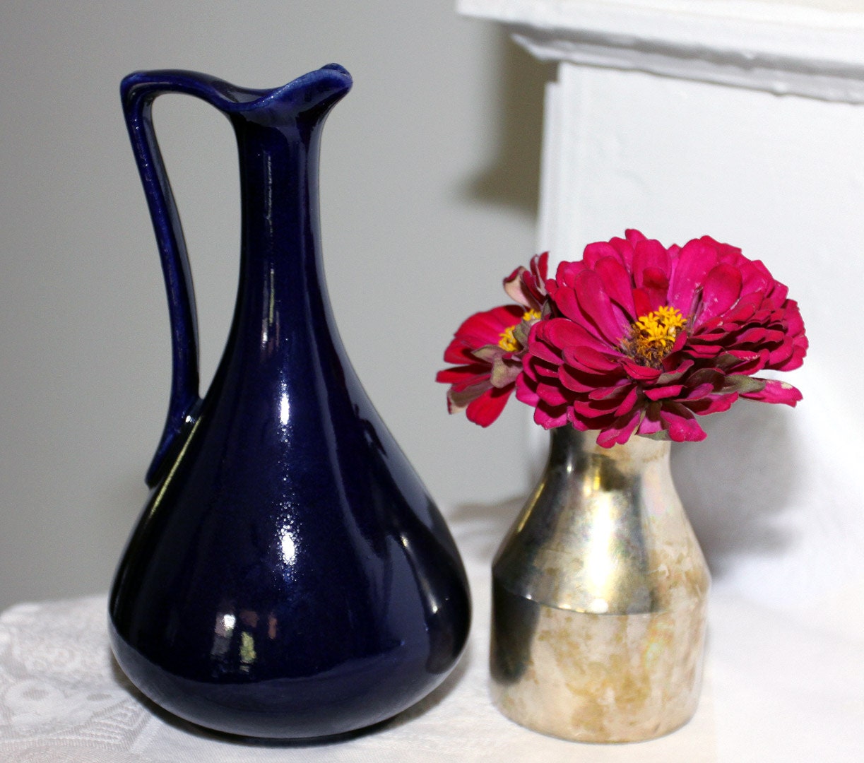 Vintage French Cobalt Blue Pottery Pitcher by NewOrleansEclectics
