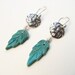 Turquoise earrings, carved leaves earrings, dangle silver earrings, December birthstone turquoise, handmade jewelry, hand-carved leaves