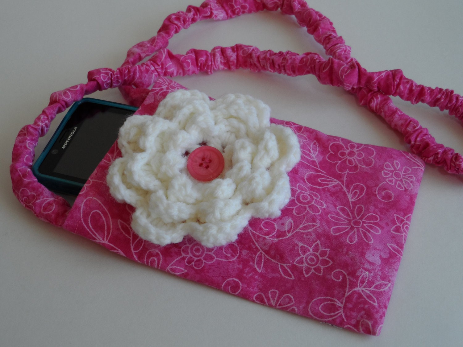 Cell Phone cozy necklace over arm holder Pink with large white