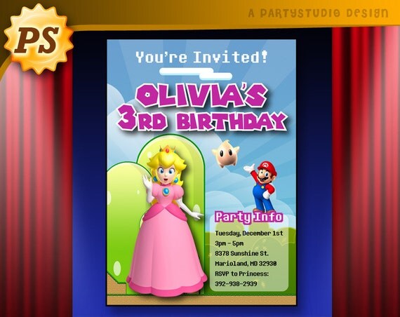 Personalized Princess Peach Birthday Party Invites 4x6 Or 5x7