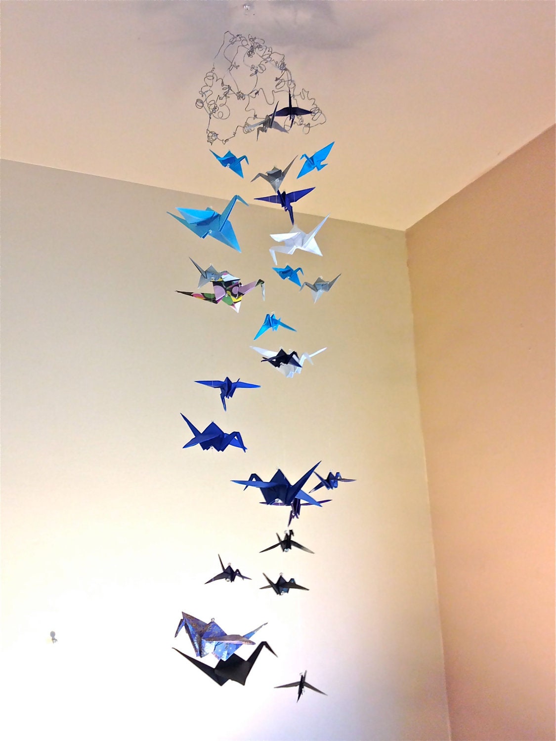 Origami Crane Mobile Hanging From Swirly WIre
