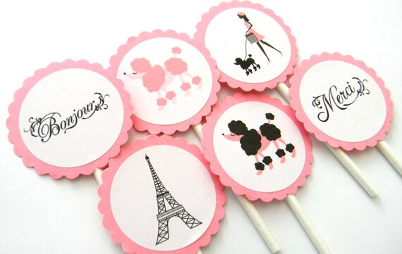 12 Paris Cupcake Toppers, Paris Birthday, Baby Shower, Paris Theme, Eiffel Tower, Pink Poodle, Paris Party, French Theme, Bonjour, Bridal Il_570xn