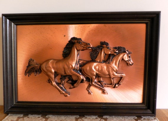 Beautiful Running Horses Etched Copper 3D Framed Sculpture