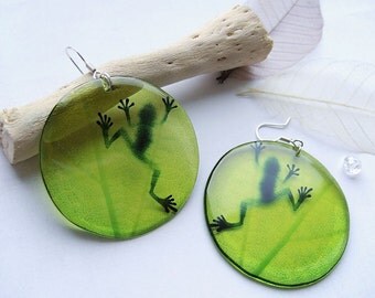 Resin Earrings Transparent Earrings Green Earrings Frog Earrings Shadow on leaf Earrings Epoxy Jewelry Gift for Her Dangling Earrings
