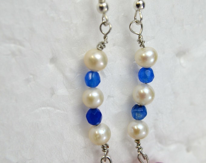 Ruby, Pearl and Sapphire Studs, 2.5" Long, Natural Gem Beads, Sterling Silver French Hooks E77