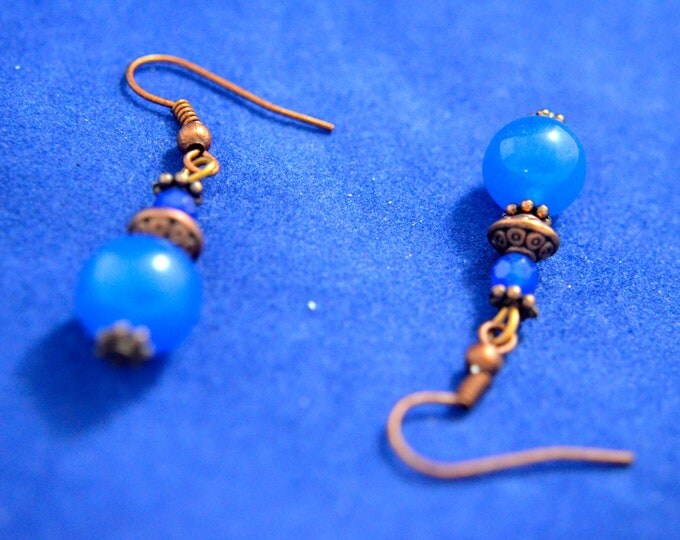 Sapphire Gembead Earrings, 1.5" Long, Pure Copper Metal, Natural Gembeads E165
