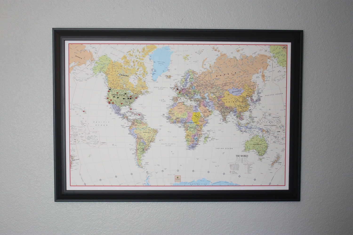 large world travel map with pins