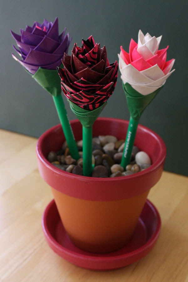 Custom Flower Pot Pen Holder with 3 Duct Tape Flower Pens