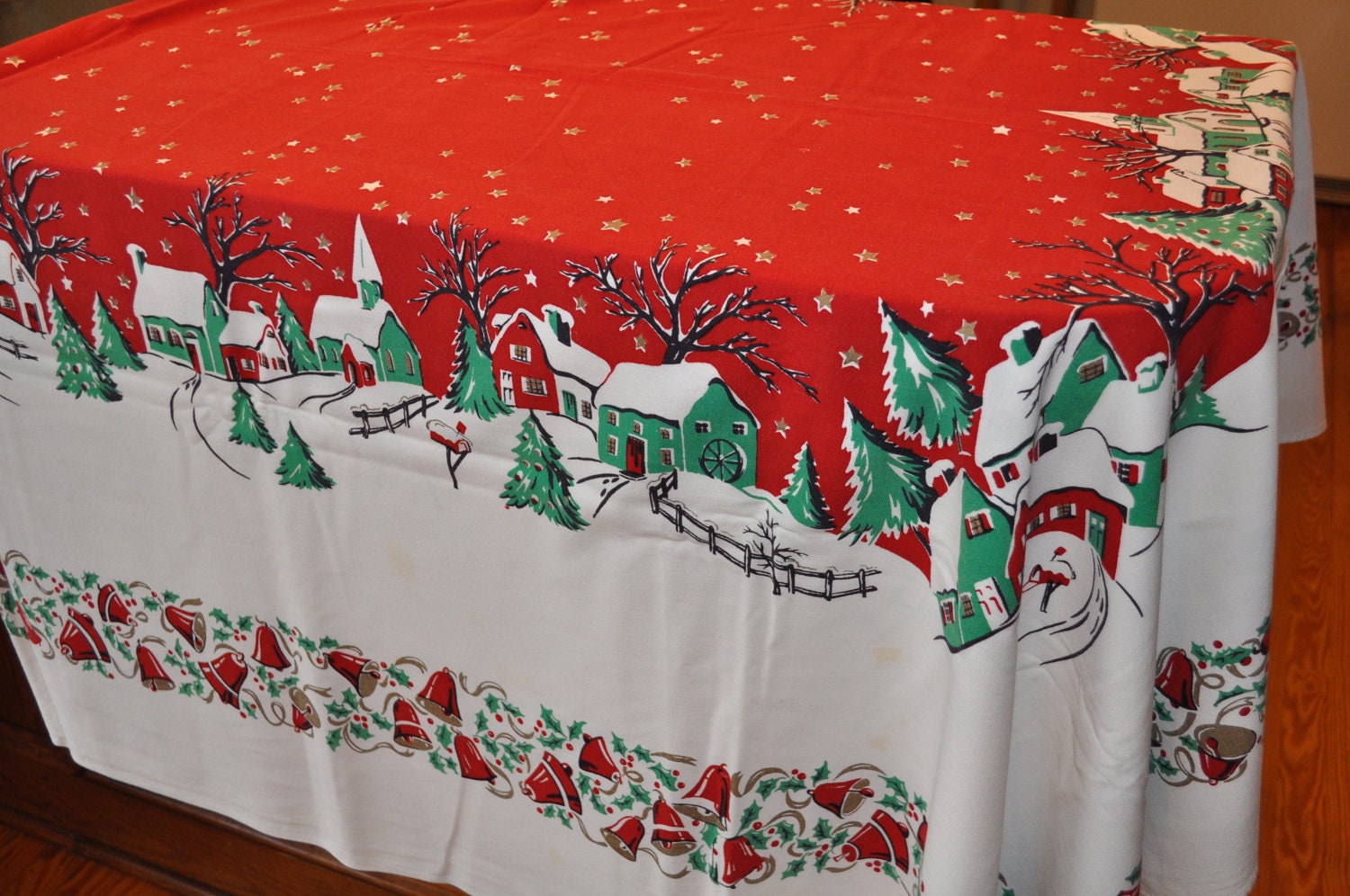 Vintage Christmas Tablecloth Retro Snow Village Large Size 93   Il Fullxfull.392409906 7v0f 