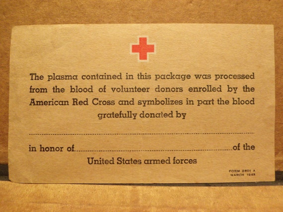 American Red Cross WWII Plasma Donor Card March 1945 Form