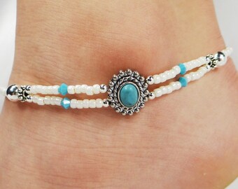 Anklet, Ankle Bracelet, 2 Double Strand Blue Turquoise, Turquoise Swarovski Crystals, Beaded, Customizable, Wedding, Beach, Vacation