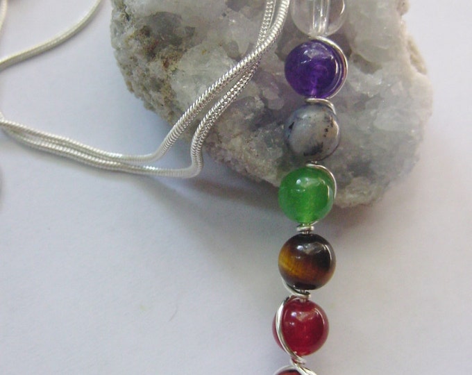 7 Chakra Wand Pendant Necklace 6mm stones, Powerful Balance, Harmony, Gemstones, Gift Idea,