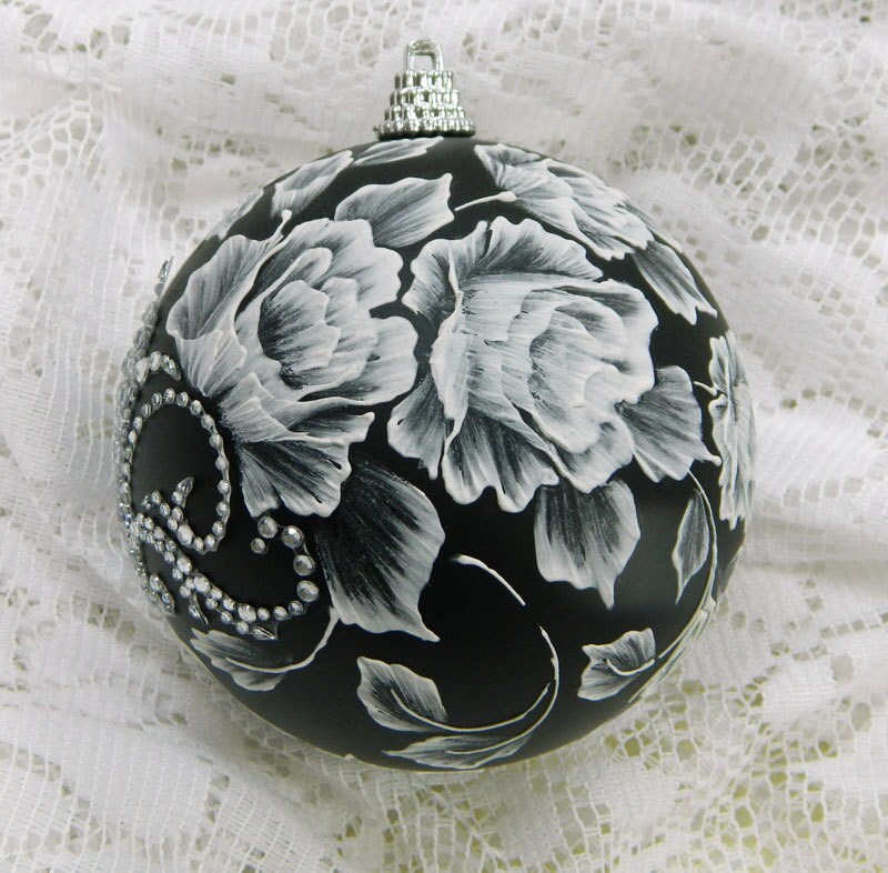 Black Christmas Ornament with Hand Painted Textured MUD Roses