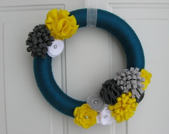 Teal, Yellow and Grays Yarn and Felt Flower Wreath, Door Wreath, Front Door Wreath