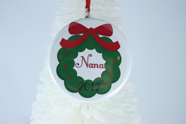 Green Wreath with Red Bow Christmas Ornament with Name, Personalized Ornament, Couples Christmas Ornament