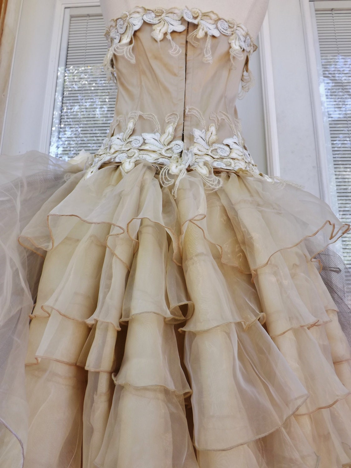 CUSTOM Handmade Wedding Dress Mini Plus Tail Beige Roses Tulle