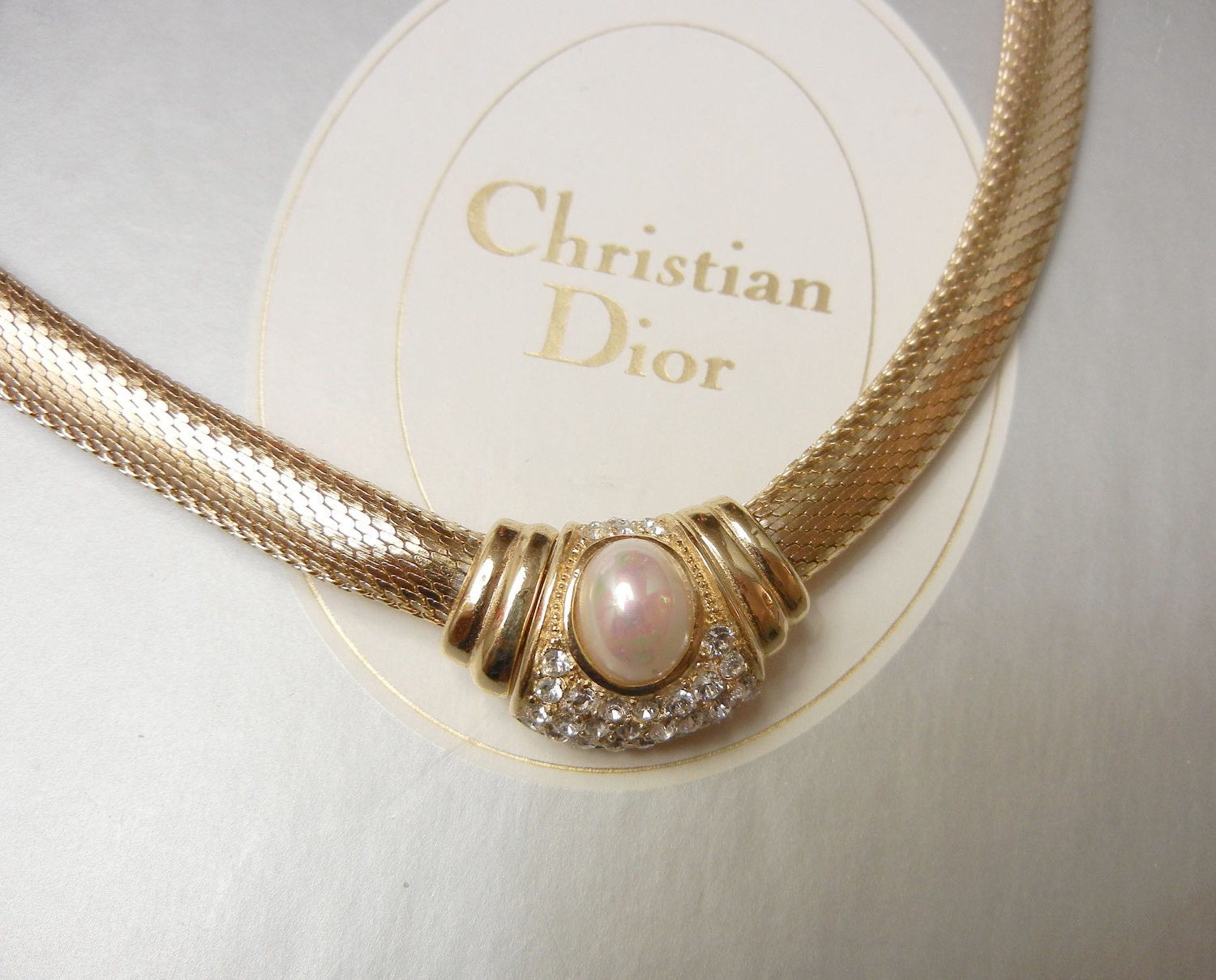 Christian Dior Choker Necklace Meshed Pearl w/Cystals in Dior