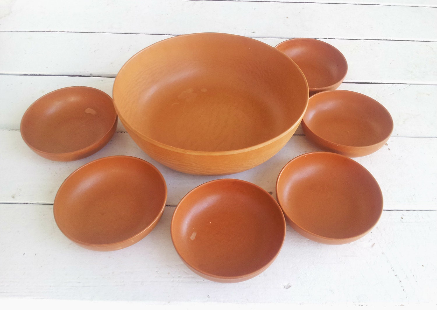 Vintage 7 Piece Serving Bowl Set, Ellingers Agatized Wood, Danish Style