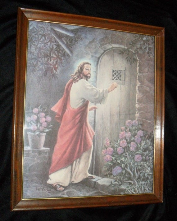 New Testament Framed Lithograph Jesus Knocking at Door